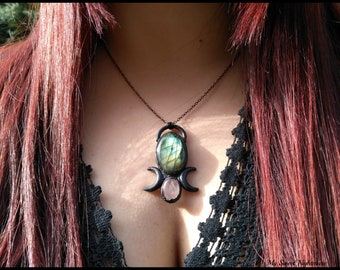 Triple goddess necklace, labradorite necklace, triple moon, electroformed jewelry, witchcraft jewelry, wiccan necklace, labradorite pendant
