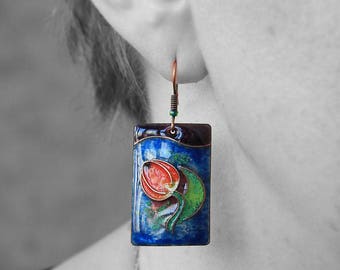 Red tulip earrings spring flower jewelry earrings green jewelry botanical jewelry unique enamel flower earrings