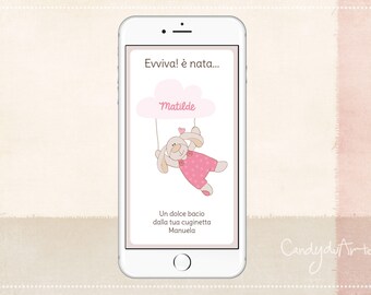Birth announcement-Digital invitation-Birth greetings-Rose-Bear