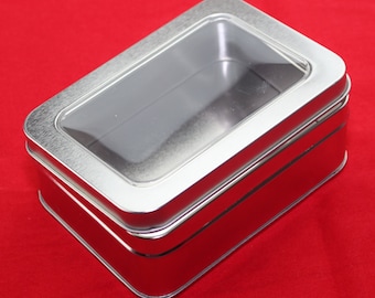 NEW Empty 21oz Large Rectangular Blank Metal Tin Clear Plastic Hinged Lid Container Crafts Beads Display 5-5/8" x 4-1/4" x 2-1/8" deep (V)