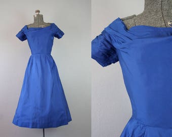 1950's Blue Satin Ceil Chapman Dress / Size Small