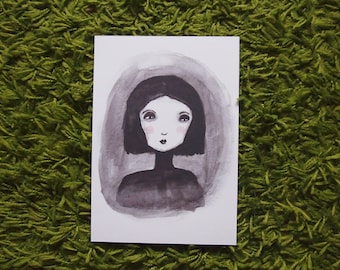 Girl Art Print, Black and White Art, Portrait, Dark Art, Female, Wall Art, Illustration, Painting, Outsider Art, Weird, Quirky Art,
