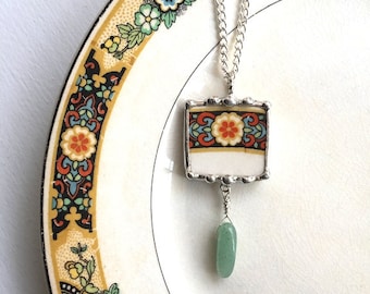 Broken china jewelry, pendant necklace, Art Deco, 1920, floral, antique china, amazonite bead drop, sterling silver wires