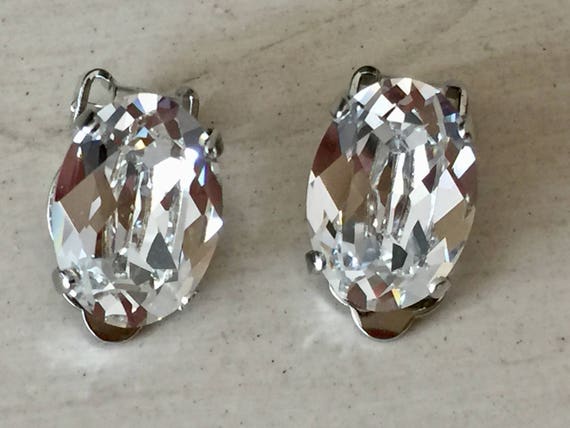 Oval Swarovski Crystal Clip On Earrings, Silver