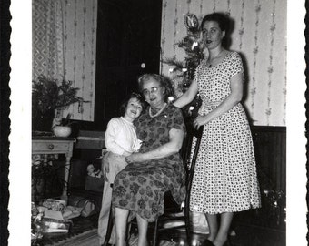 Vintage Snapshot photo Julie Christmas Tree Packages Mom Grandama 1956