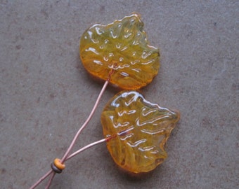 Lampwork Headpins - Glass Headpins - Leaf Glass Headpins - Copper wire - Glass Headpins Pair - SueBeads - Headpins - Glass Heapins - Leaves