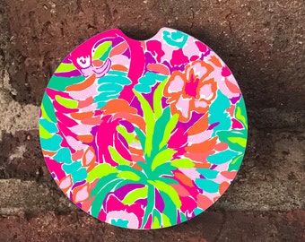 Custom Lilly Pulitzer Absorbent SandStone car coasters (set of 2); Colorful Lilly Pultizer Elephants; Flamingo, Starfish car coasters