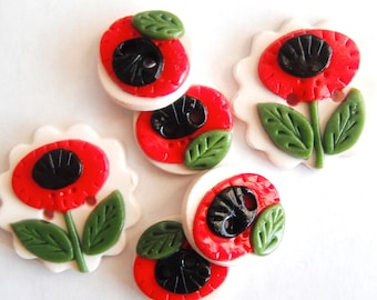 Button Retro Red Poppy handmade polymer clay button set ( 6 )