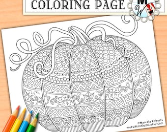 Pumpkin Coloring Page for Adults - Fall Adult Coloring Page - Halloween Instant Digital Download of Autumn Printable Coloring Page