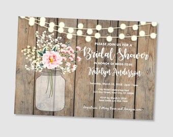 Rustic Bridal Shower Invitation, Wood & String Of Lights Bridal Shower Invitations, Baby's Breath Mason Jar Bridal Shower Invitation