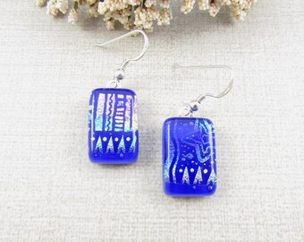Blue Fused Dichroic Glass Earrings - Fused Glass Drop Earrings with Sterling Silver Ear Wire - Dichroic Glass Earrings - Dichroic Jewelry