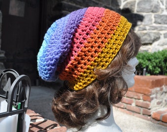 Multicolored Striped Crocheted Beanie, Slouchy Hat