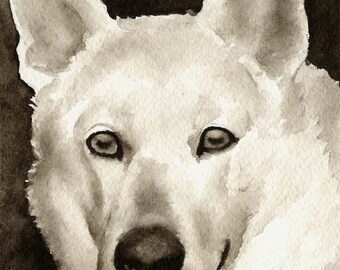 White German Shepherd Sepia Art Print by Watercolor Artist DJ Rogers