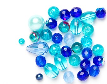 Blue Bead Mix, Mix of Blue Glass Beads, Bead Bundle, 30 Mixed Beads