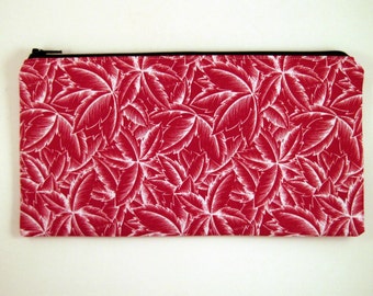 Red and White Leaf Zipper Pouch, Make Up Bag, Gadget Bag, Pencil Pouch