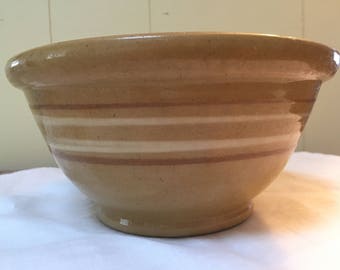 Antique Yellowware Bowl Striped 8" Yellowware Yelloware Yellow ware bowl with 4 Mocha and White Stripes.