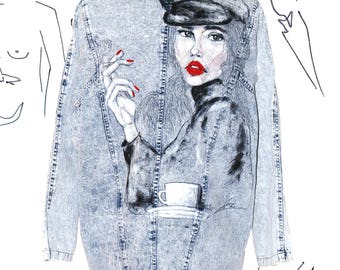 Vintage Denim Jacket 80's Acid Wash Hand - Painted