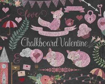Chalkboard Valentine Clipart, PNG chalk blackboard clip art, Valentines Day love romance cute valentine chalkboard graphics instant download