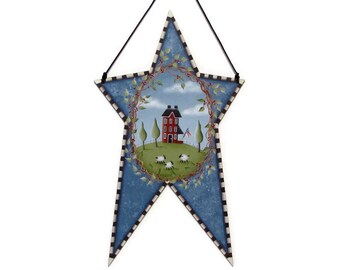 Star Shaped Wall Art with Saltbox House, Sheep, Handpainted Wood, Hand Painted Primitive Home Decor Wall Hanging, Tole Decorative Painting