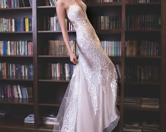 Lace wedding country rustic dress, Low waist sheath white bridal dress, Lace transparent White bridal gown, Chantilly lace wedding dress.