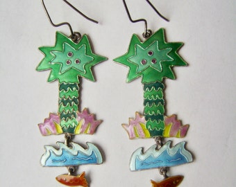 vintage tropical enamel tiered earrings
