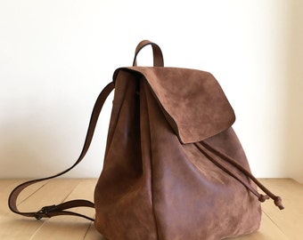 Faux Leather Brown Backpack - Vegan Backpack - Water Resistant - Vegan Leather - Rustic Leather - Distressed Leather - Boho Bag - Gift Ideas