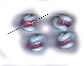 vintage blue and pink foil BEADS ART GLASS 20mm x 18mm japanese glass beads twisty snail shape rare art glass beads four beads