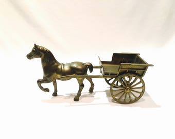 Large brass horse and cart, Farm horse, Brass horse, Western art, Brass statue, Brass figurine, Brass cart