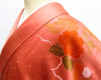 Authentic Silk kimono, Vintage Kimono, floral kimono, orange, red, Silk japanese dress, Japanese style, Japanese Fashion