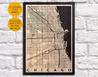 Chicago Map art print Wood map decor Chicago map wall art Chicago poster print gift for Husband gift for Parent gift panel effect Wood Map