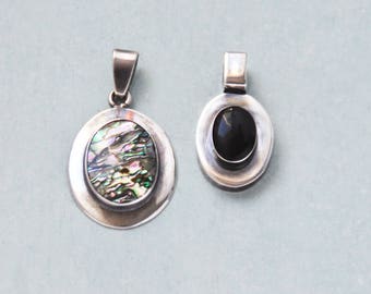 2 Vintage Sterling Silver Oval Pendants - black onyx and abalone shell cab centers - 925 Mexico jewelry making supplies