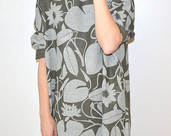 Lotus Print - Green Linen Dress