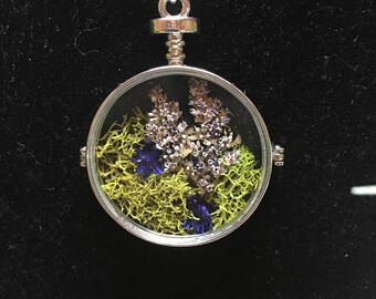 Clear Terrarium Pendant Necklace with Purple Flowers