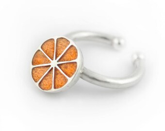 Half orange Ring, Fruit ring, adjustable silver ring, Orange ring, food jewelry, Enamel ring