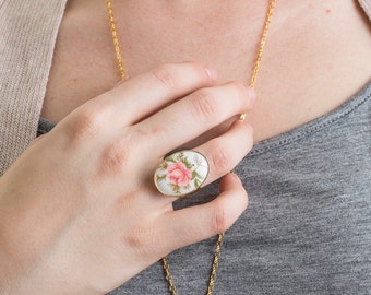 Vintage Pink Rose Cameo Ring, Vintage Ring, Floral Jewelry, Statement Ring