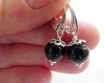 Onyx earrings, sterling silver earrings with Onyx beads, beaded earrings, short dangle earrings
