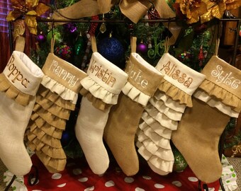 Burlap Stockings, Christmas Stockings, burlap decor, personalized stockings, Monogrammed, Ruffles, Shabby Chic