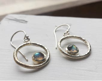 Labradorite Circle Earrings - Recycled Silver - Organic Rustic Texture - Dangle Earrings, Rose Cut, Labradorite Drop Earrings, Rainbow