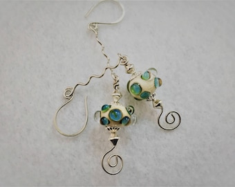 Blue and bumpy lampwork glass beaded earrings with sterling silver wirework accents can be both dressed up and down, versatile