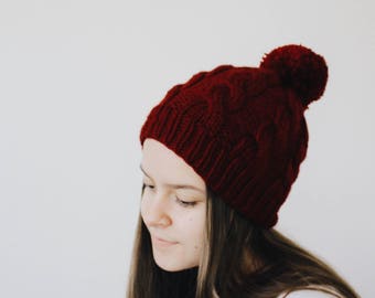 The CECILIA Hat ~ Handknit Women's Hat / Burgundy Pom Pom Beanie / Cabled Chunky Hat / Knit Winter Hat Accessory