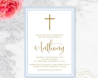 Boy First Communion Invitation Printable / Boy Holy Communion Invite / Boy First Holy Communion Invitation / Cross / Blue