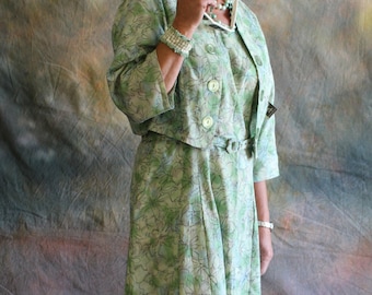 Vintage 60's Day Dress, Church Dress, Belted Crepe Summer Dress, Dress with Jacket, Secretary Dress, Shirt Waist Dress
