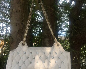 White CC diamanté embellished flap bag