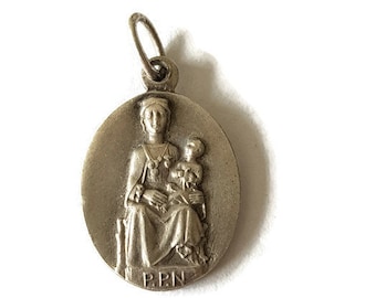 vintage silver plated Our Lady of Sarrance medal, Christian pendant, religious jewelry