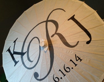 CUSTOM Personalized Wedding Parasol in White, Photobooth Prop, Thank You, Mr. & Mrs. Monogram
