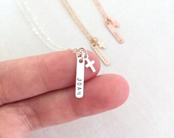 Custom Mini Bar Necklace, Cross Necklace, Baptism Necklace, Confirmation Gift, Rose Gold, Gold Cross, Gift from Godmother, Christening Gift
