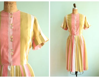 Vintage 1950's Pastel Striped Day Dress | Size Large