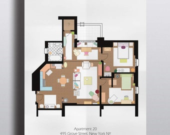 Friends Inspired Poster Print - Monica's Apartment Floor Plan - A2 Size | Digital Download | Wall Art | TV Show Art | Minimalist