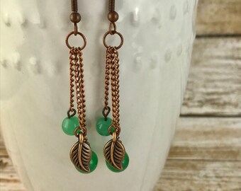 Green Aventurine and Copper Leaf Chain Dangle Earrings
