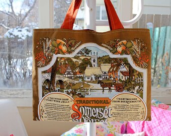 Upcycled Somerset Souvenir Tote, 18"x14", grocery tote bag, library tote bag, OOAK, eco bag, Somerset and Dorset, recipe tea towel, vintage